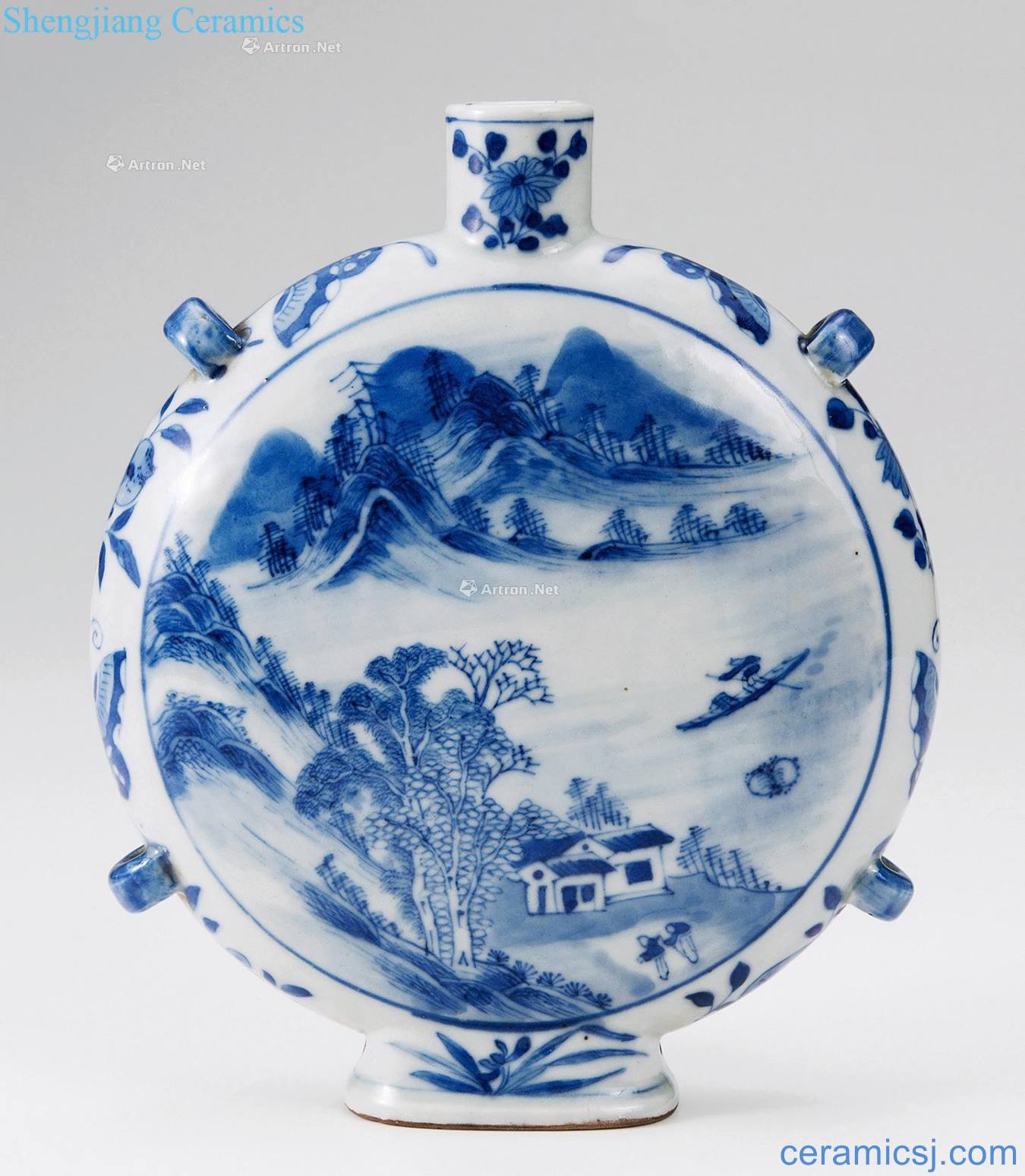 Qing dynasty landscape poems of quaternary wear flat pot
