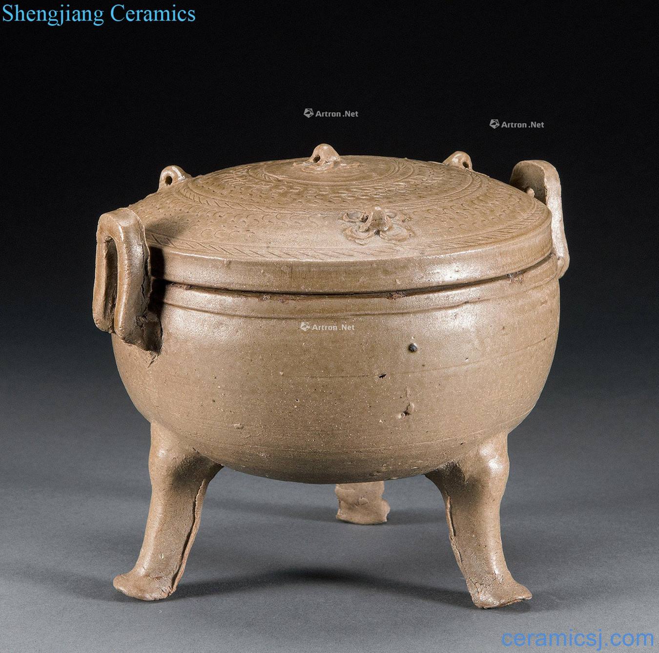 The warring states period the original green magnetic ears cover pot with three legs