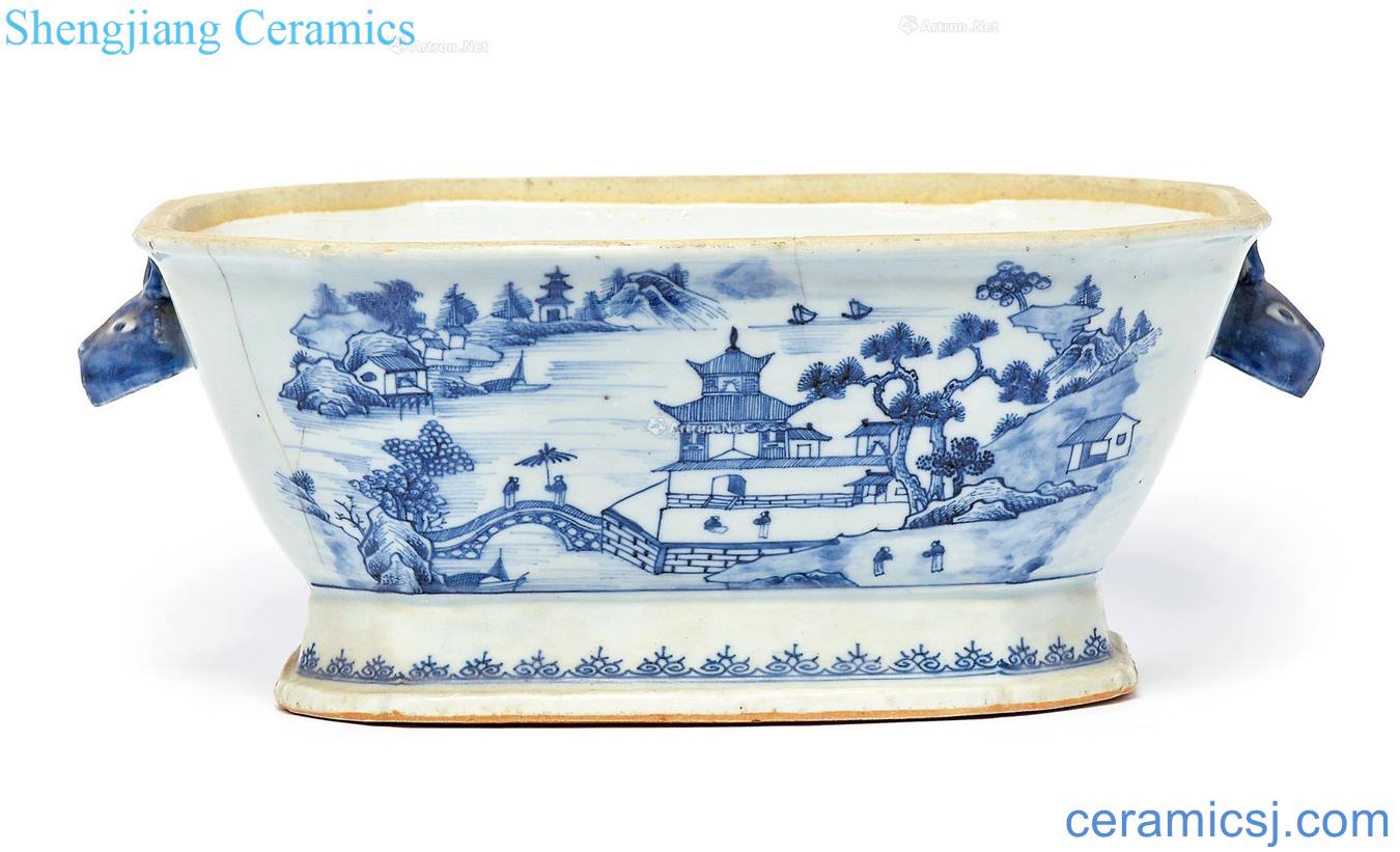 qing Blue and white landscape double beast ear eight side basin