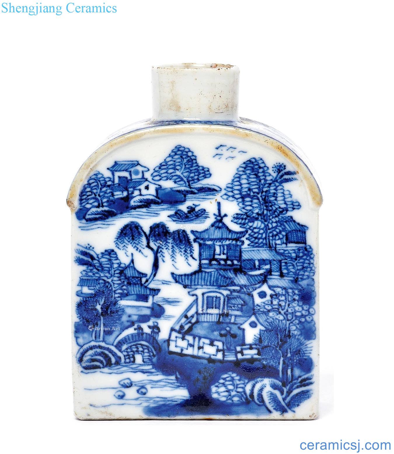 qing Blue and white pavilions caddy