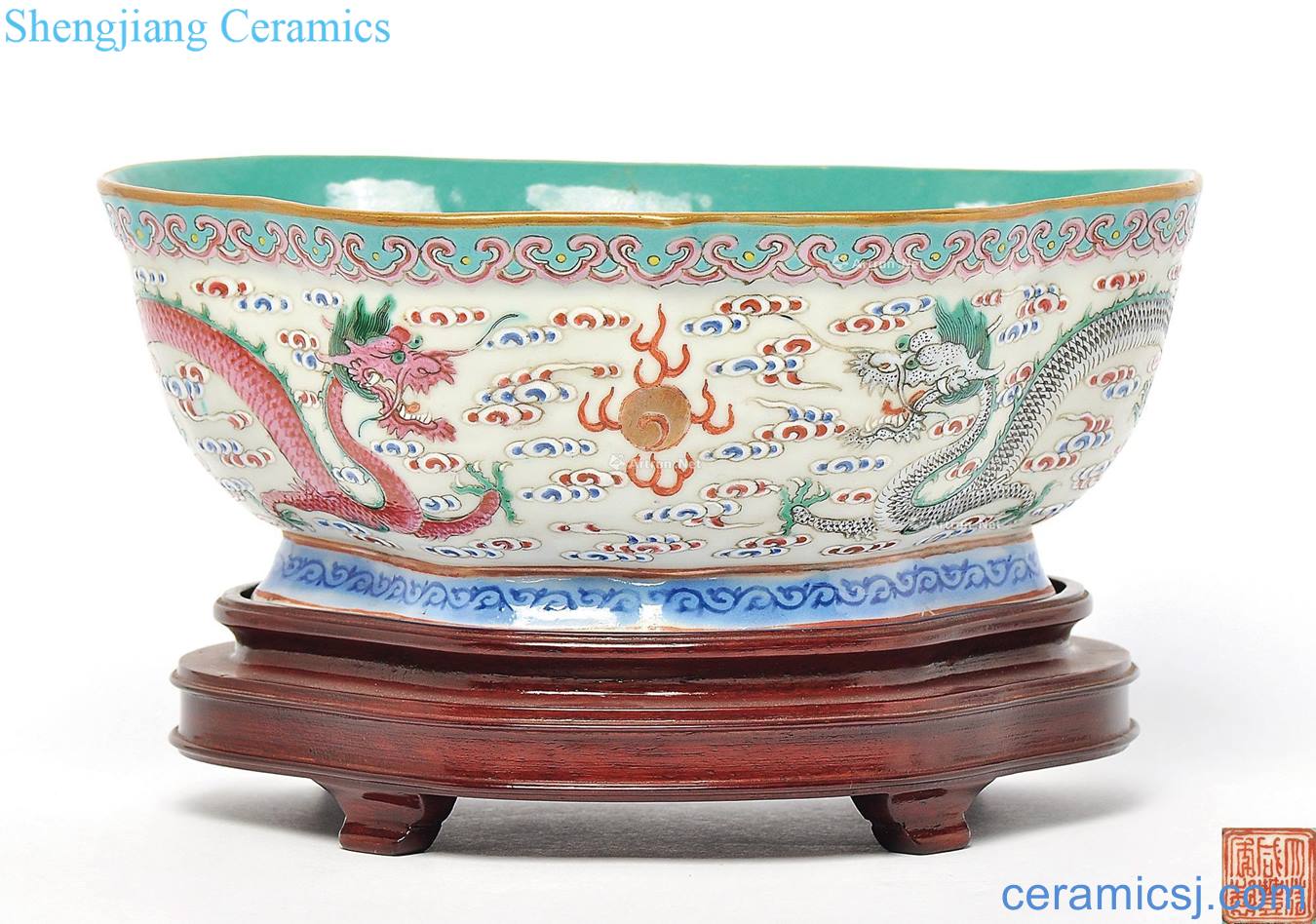 Qing xianfeng dragon playing beads ruyi shaped basin