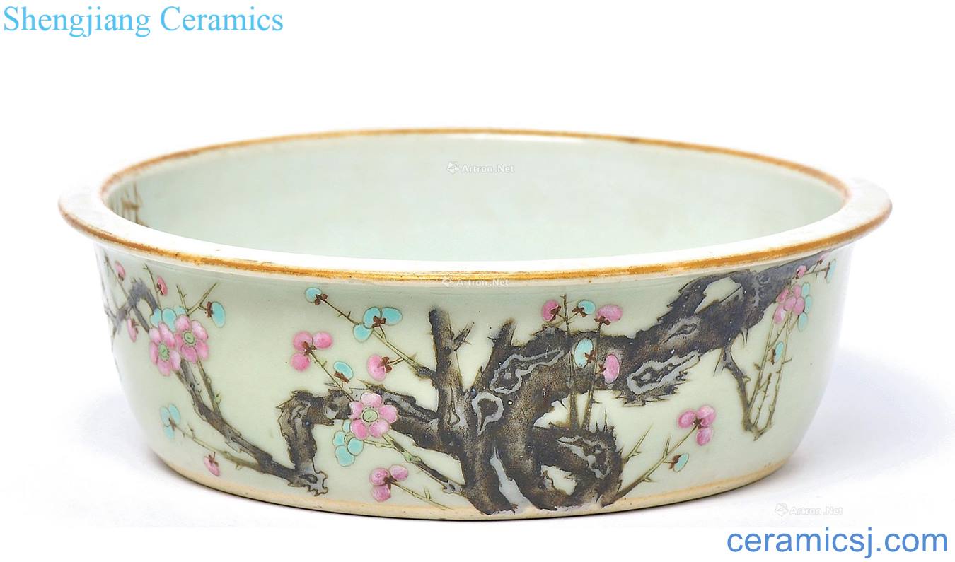 Qing pea green glaze, enamel basin of the plum blossom calligraphy in the lotus pond