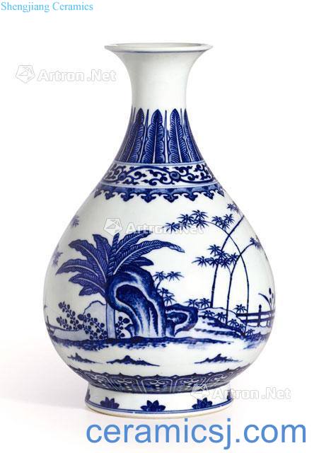 Qing qianlong Blue and white bamboo stone plantain grain okho spring bottle