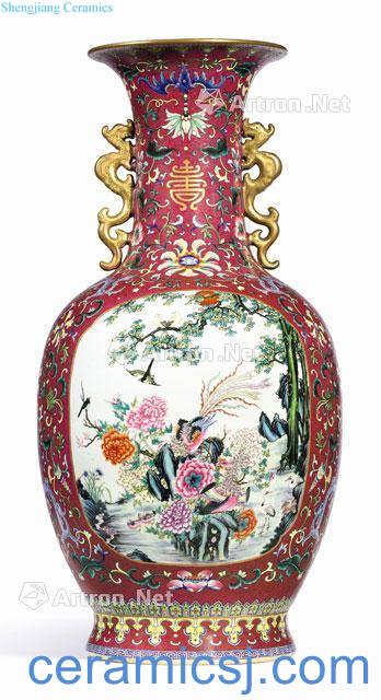 Qing qianlong pastel carmine to rolling medallion "acquisition of figure" dragon ear big bottle
