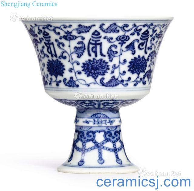 Qing daoguang Blue and white tie up branch lotus Sanskrit footed cup