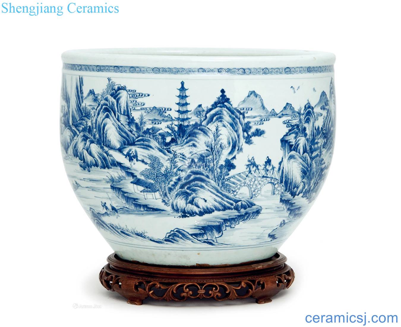 In the 18th century qing Blue and white landscape character figure big flower pot