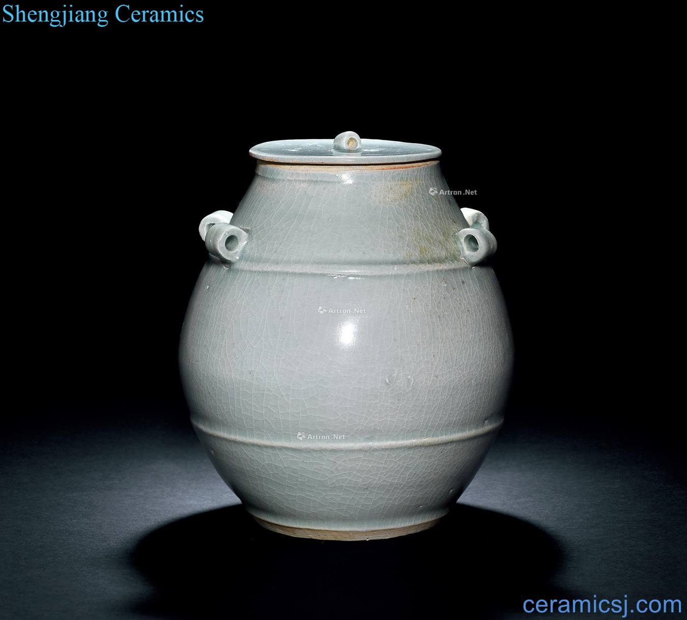 The song dynasty Shadow left kiln green string lines of quaternary cover tank