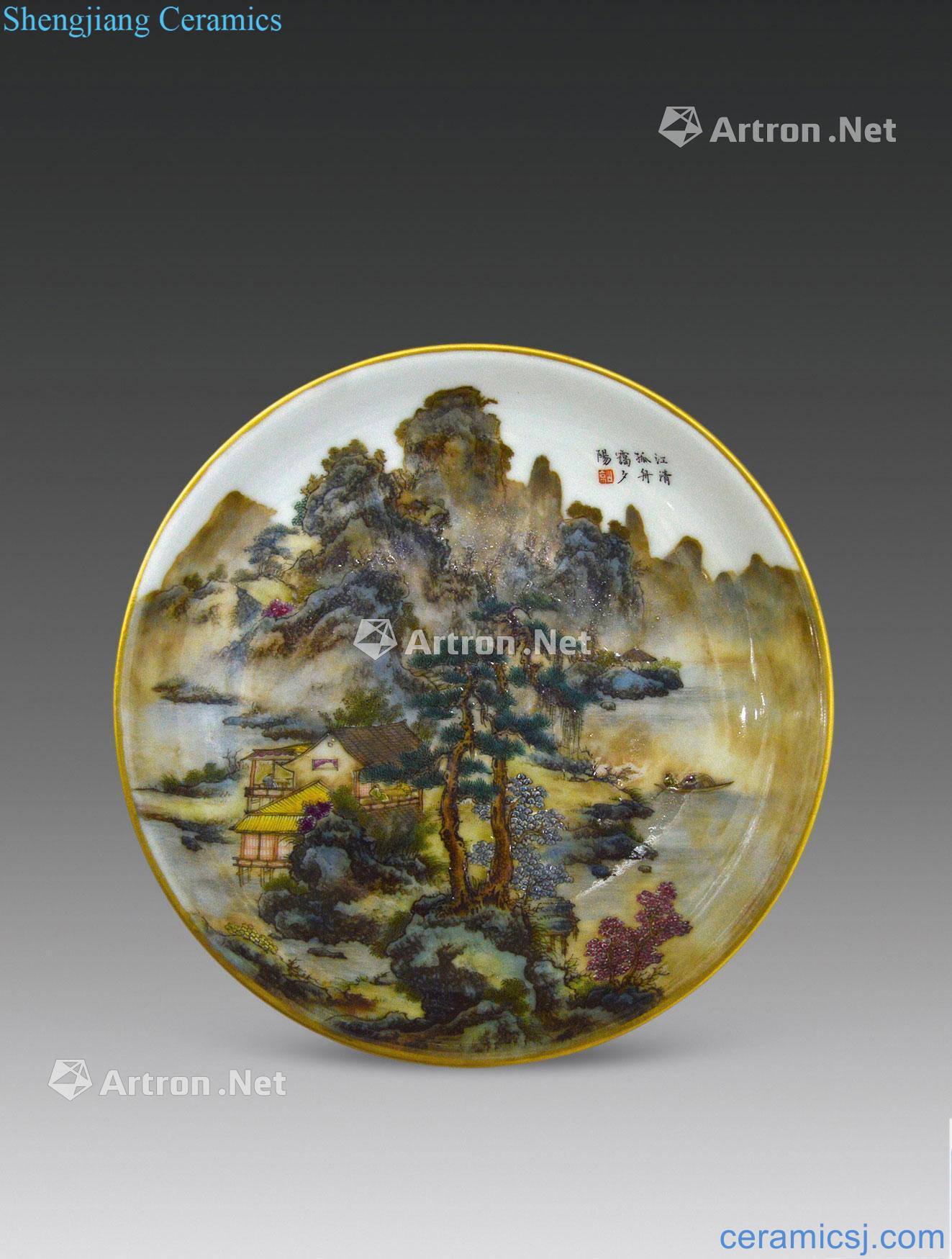 Qing qianlong red glaze color landscape tray