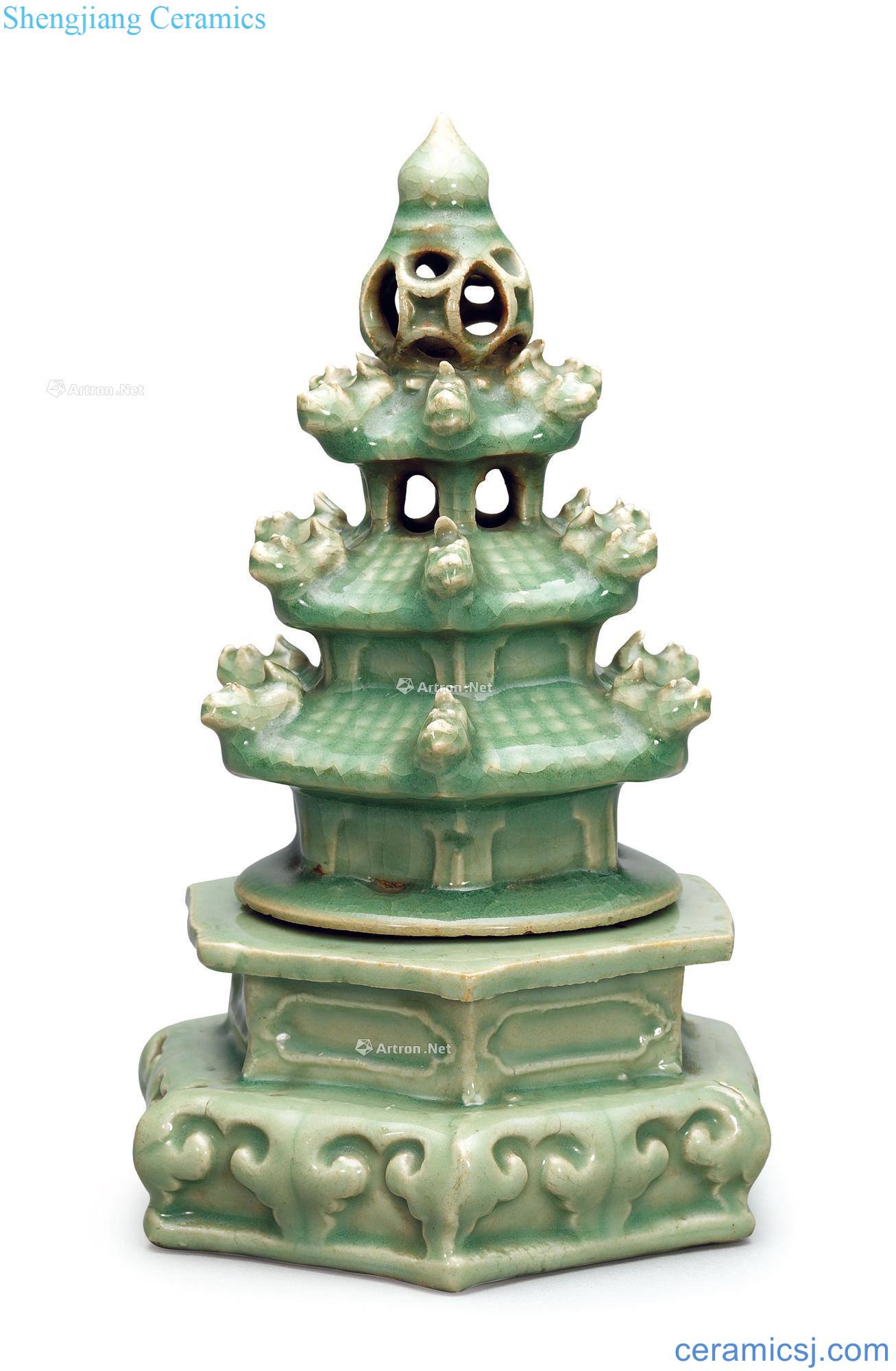 Ming Longquan green glaze tower incense burner