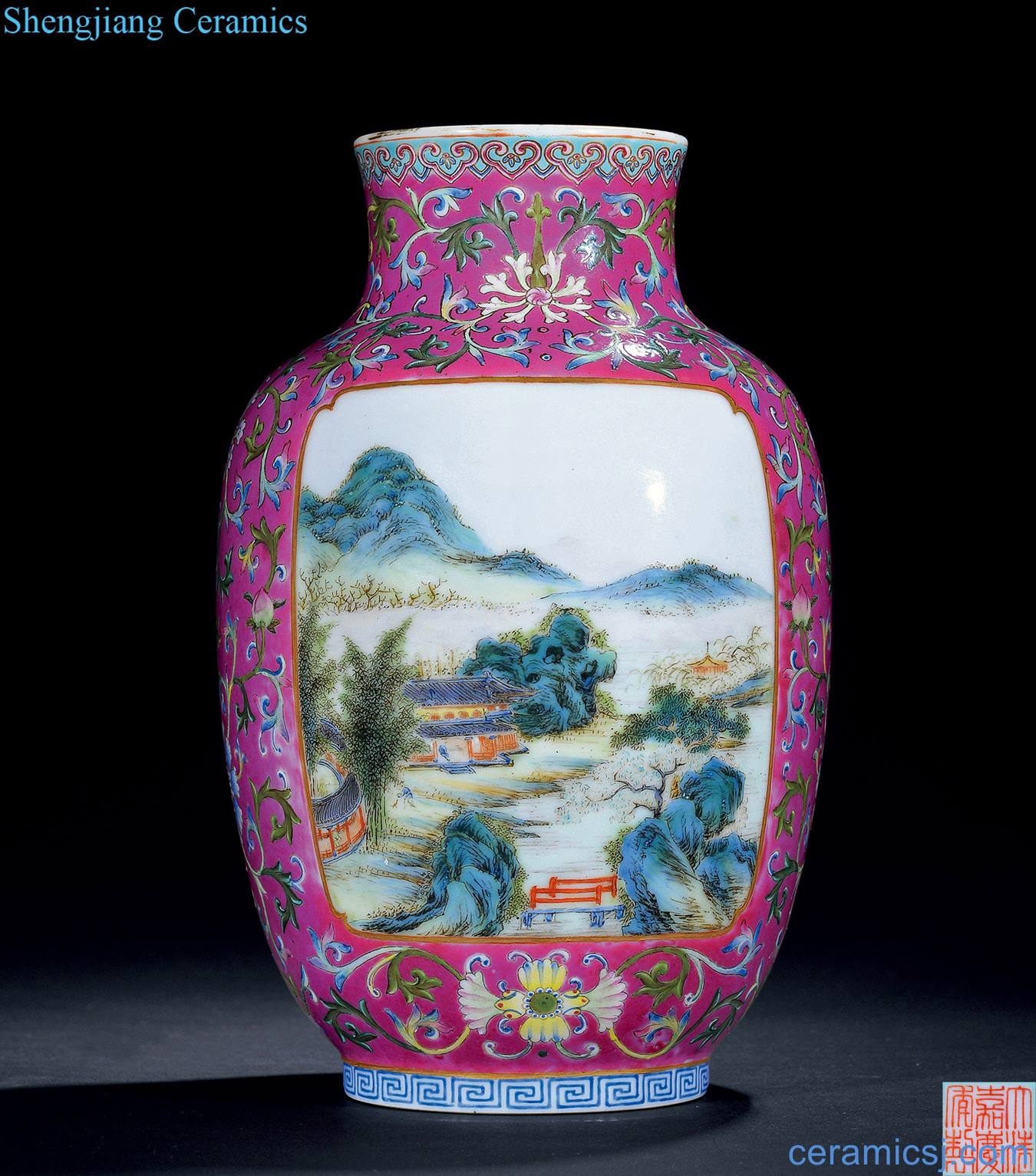 In late qing dynasty Carmine famille rose medallion landscape pattern bottle
