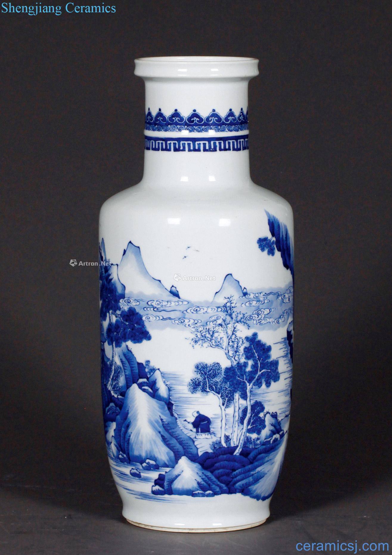 The qing emperor kangxi Blue and white landscape bottle treasure word