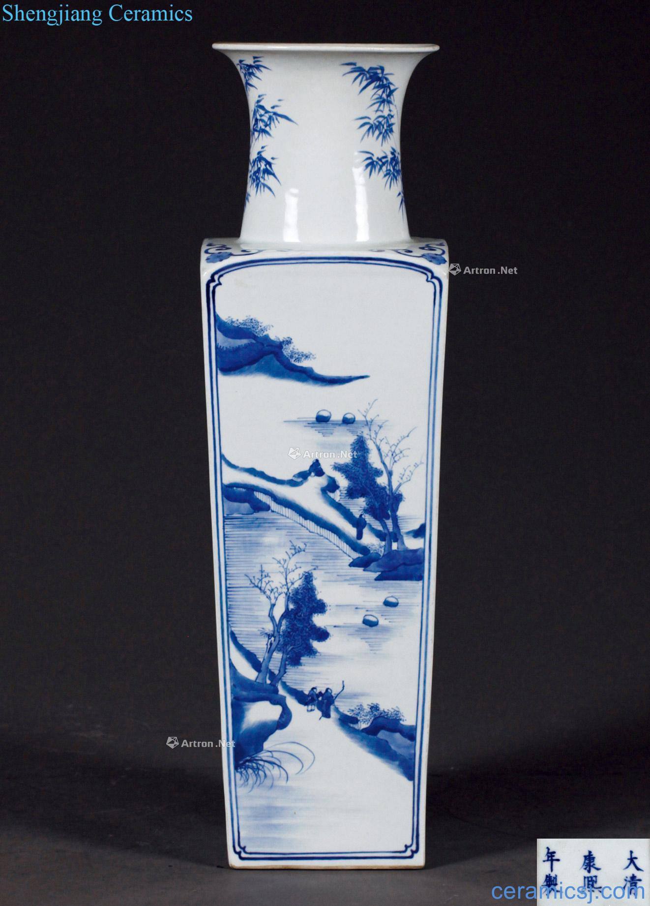 The qing emperor kangxi Blue and white landscape square bottles