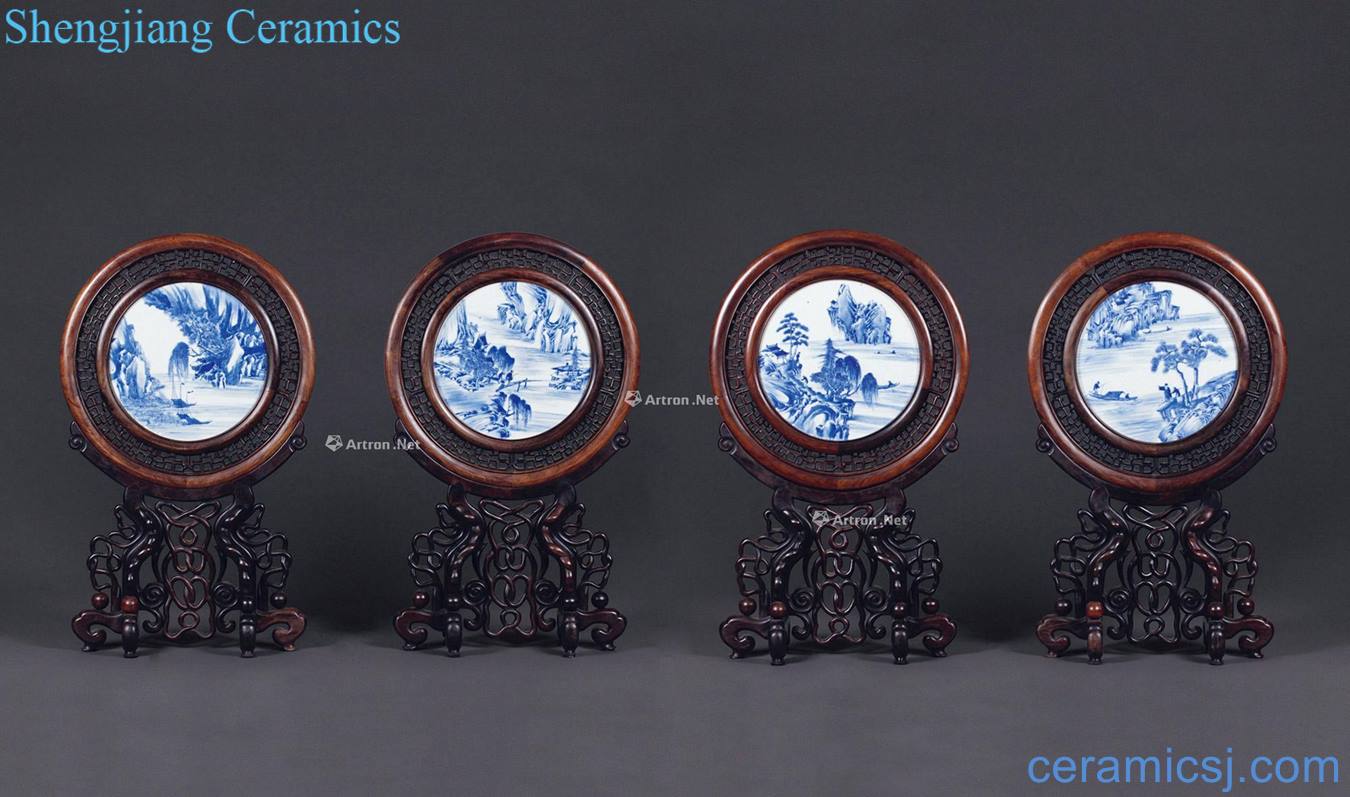 Mid qing Blue and white landscape character plaque (a set of four)
