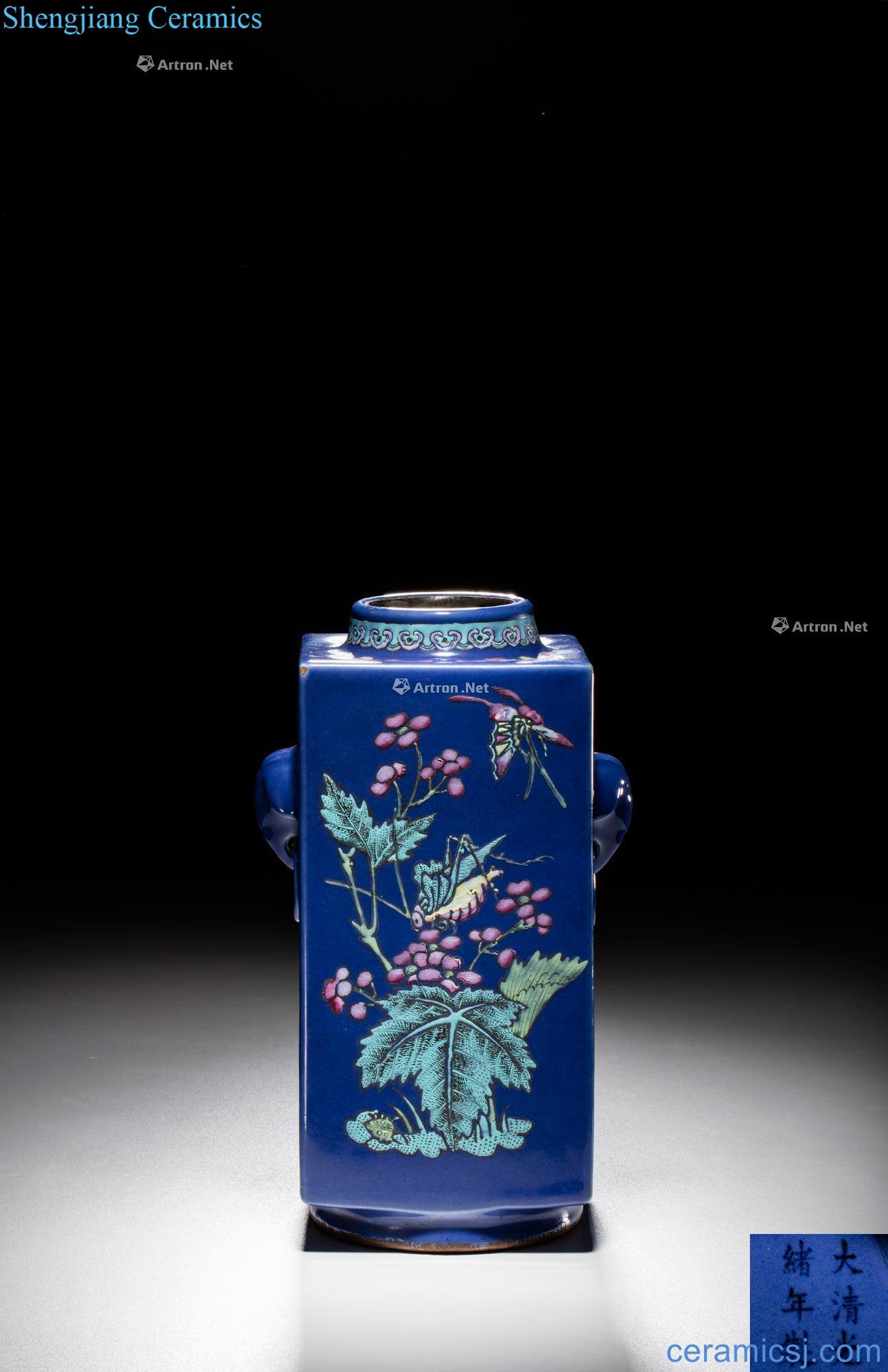 Qing guangxu pastel blue glaze painting of flowers and cong type bottle