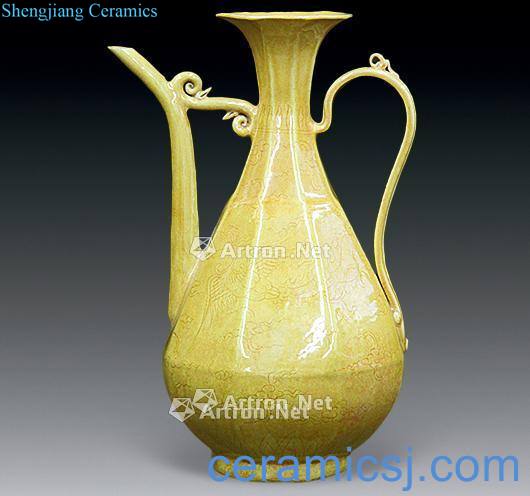 Ming hongzhi Yellow glaze crane grain sides ewer