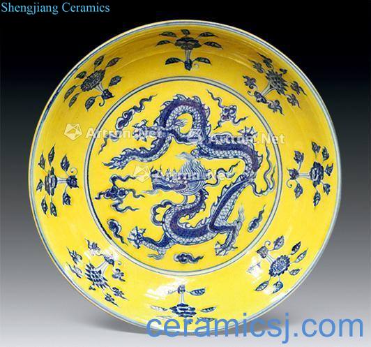Yellow blue and white flower dragon plate around branches
