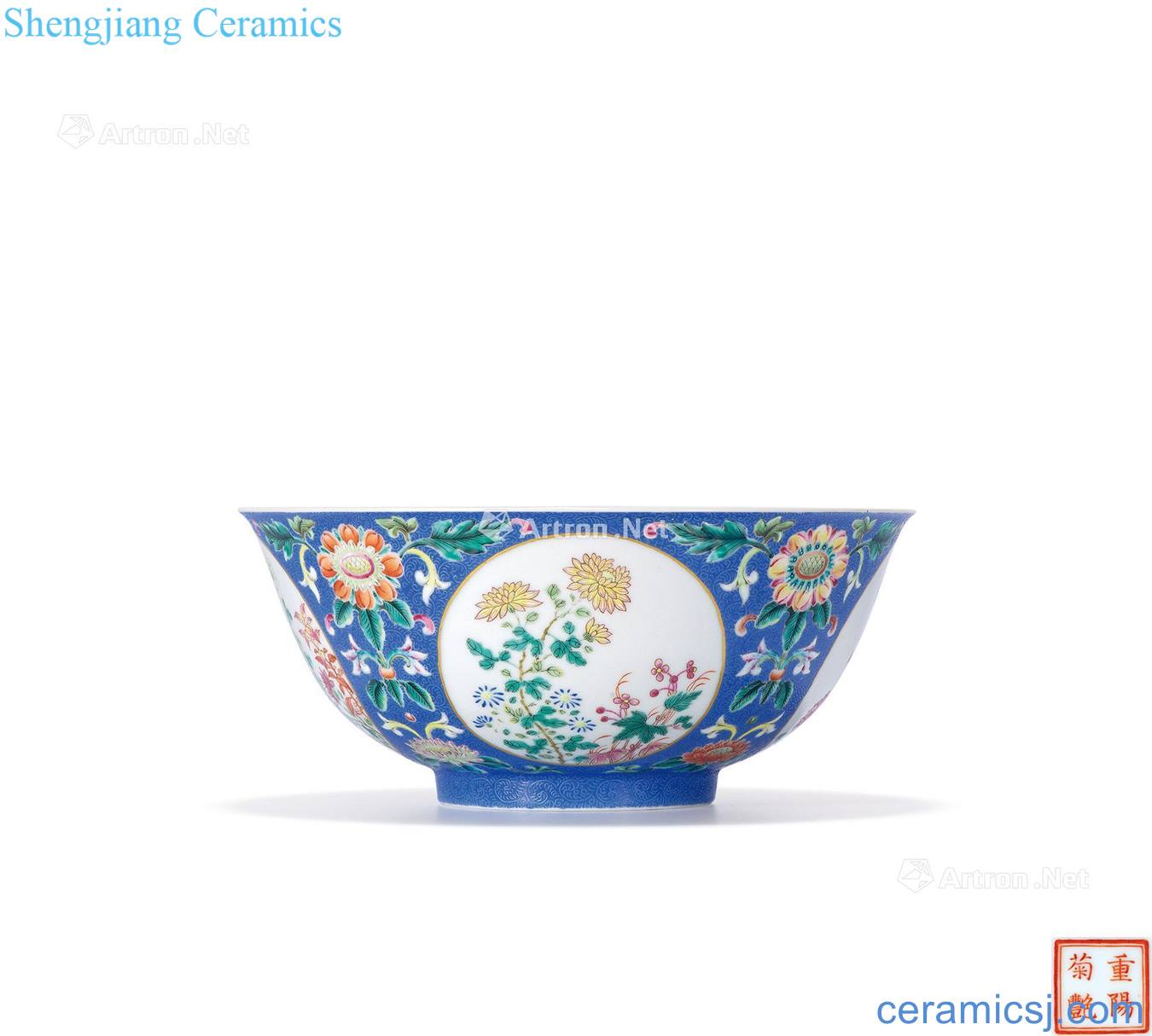 Qing jiaqing pastel blue to rolling medallion "chongyang chrysanthemum yan" green-splashed bowls
