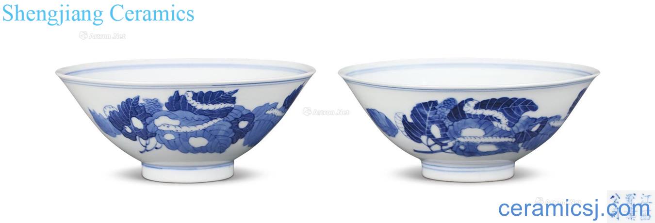 Qing xuantong Blue and white mulberry silkworm insect green-splashed bowls (a)
