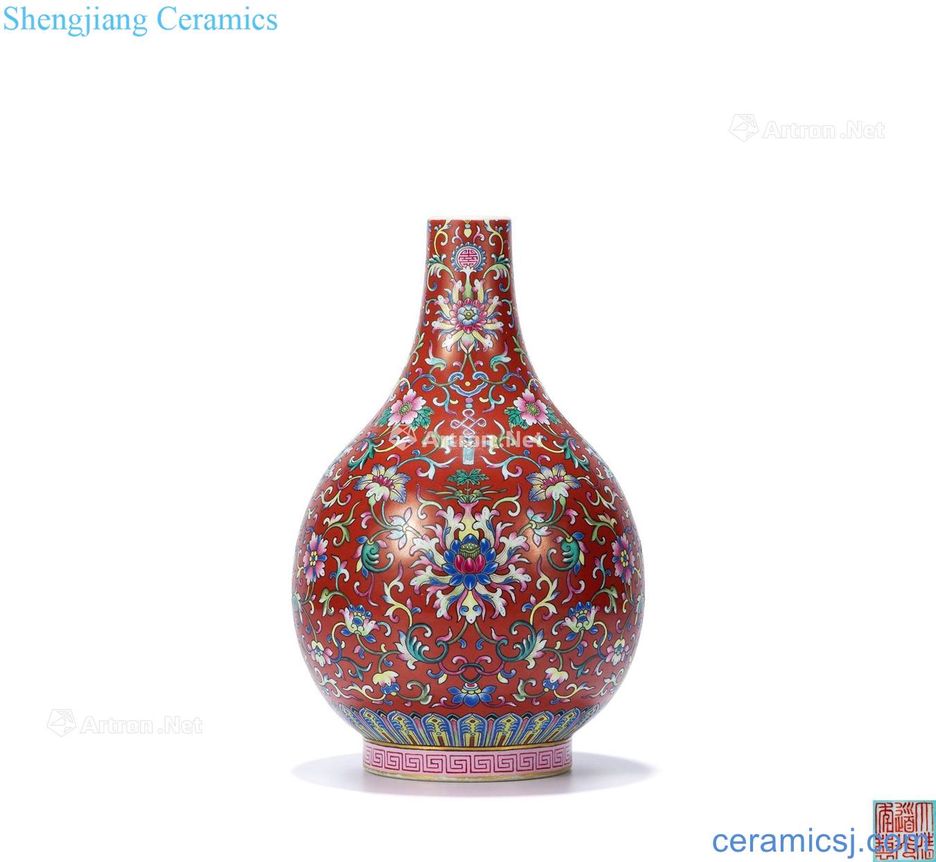 Qing daoguang Carmine famille rose more than happy to tattoo straight flask