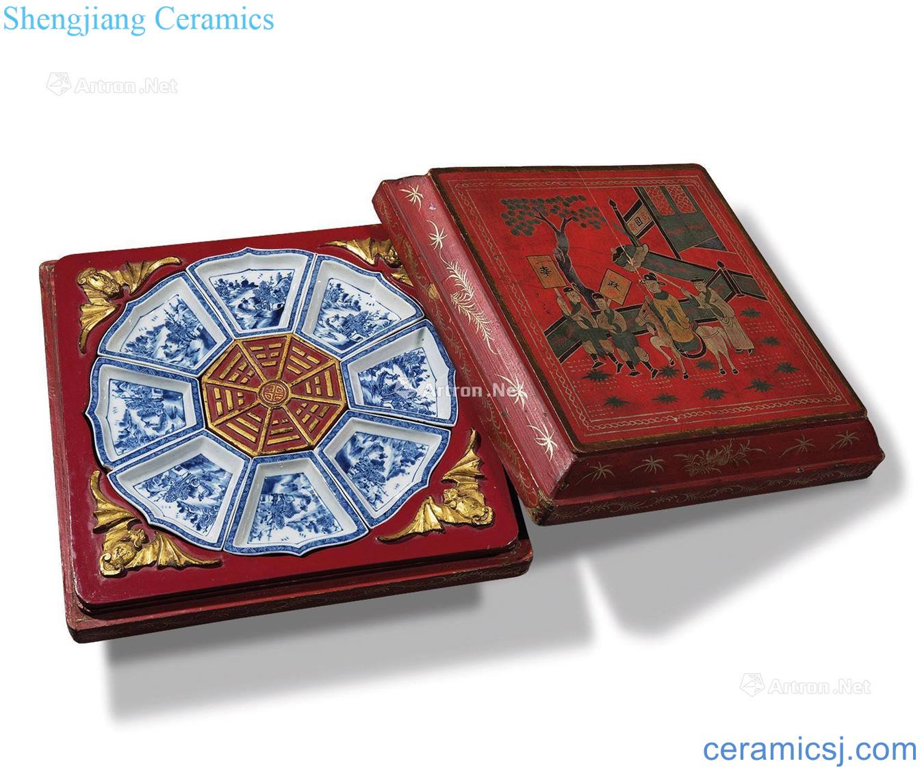 Qing qianlong Blue and white landscape character lines set of dishes