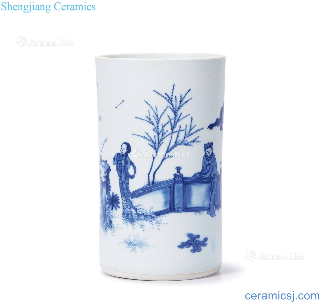 Ming chongzhen Blue and white figure brush pot romance story