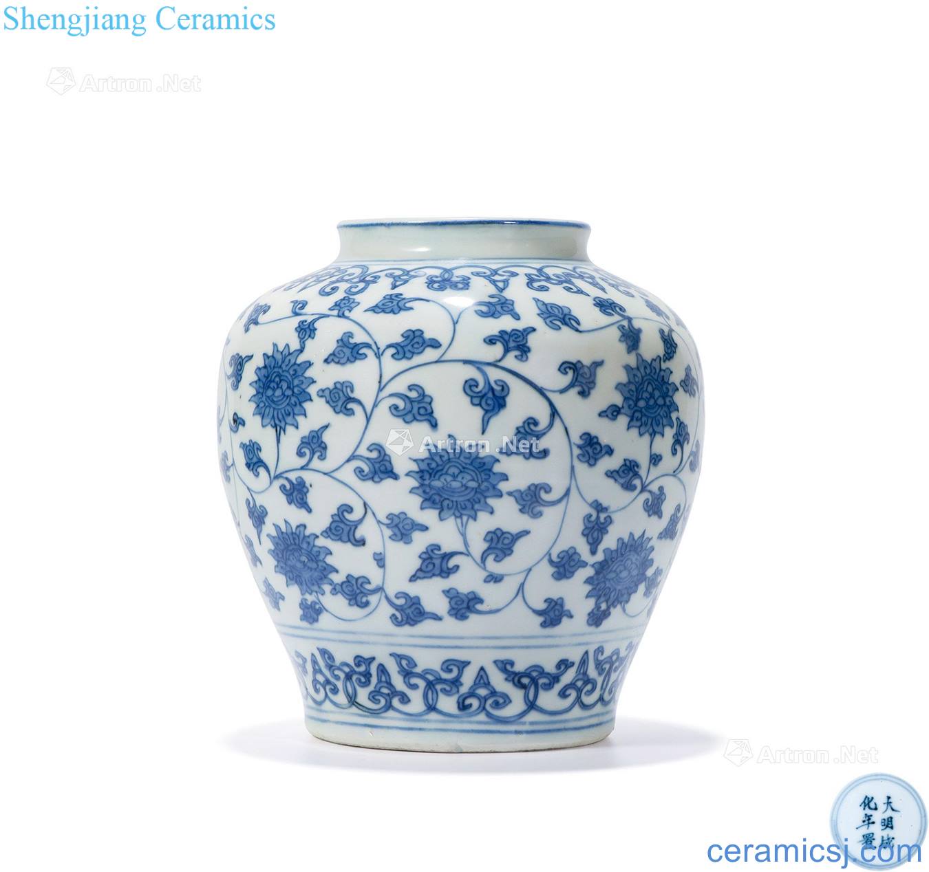 Ming wanli Blue and white tie up branch lines canister flowers