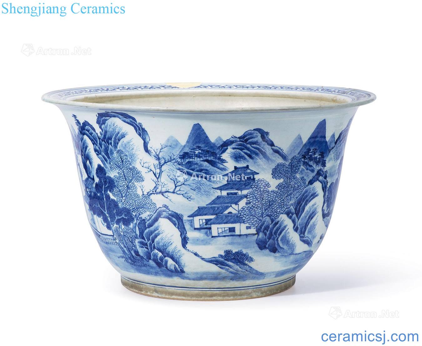 Qing yongzheng/qianlong Blue and white landscape character grain big flower pot