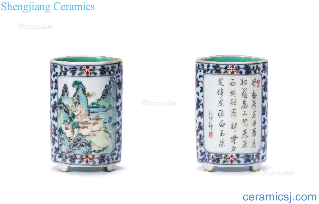 Qing qianlong pastel medallion landscape poetry small brush pot