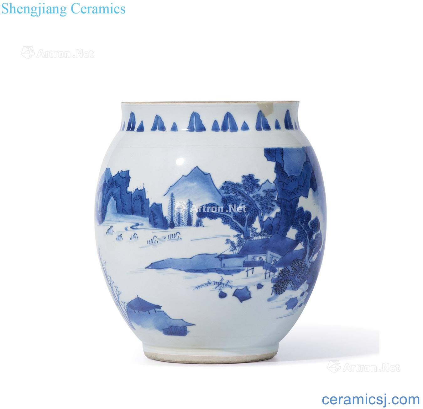 Ming chongzhen Blue and white landscape character lines lotus seeds cans