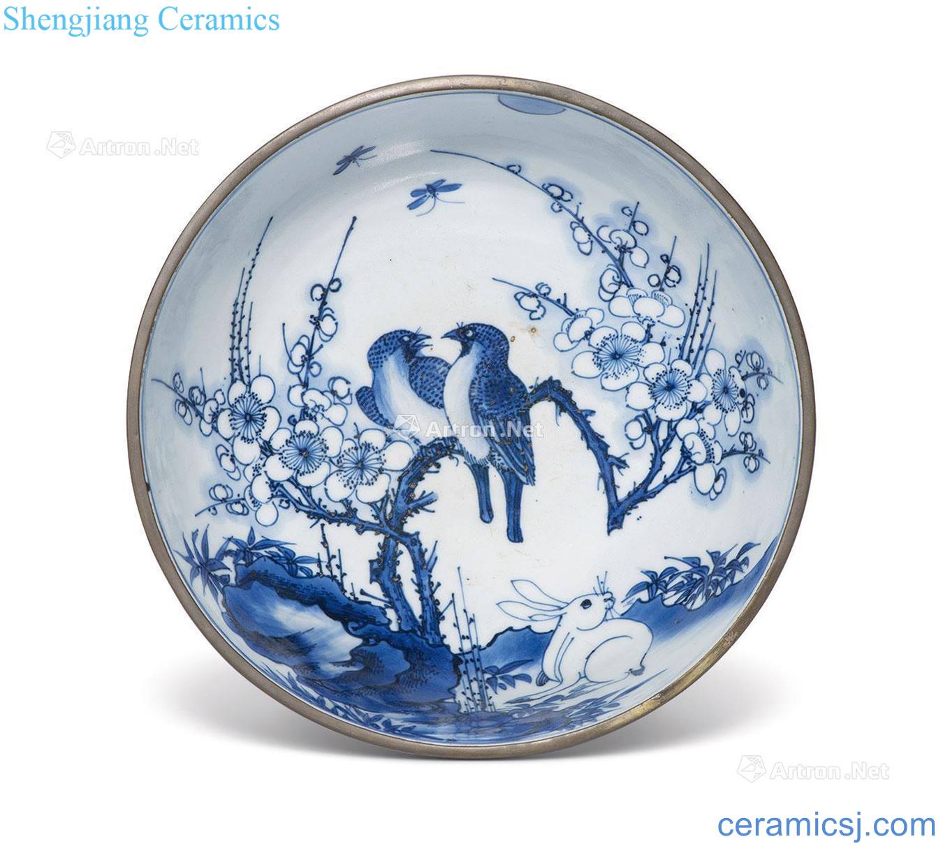 Ming chongzhen The beaming spirit blue and white rabbit lines lie the foot bowl