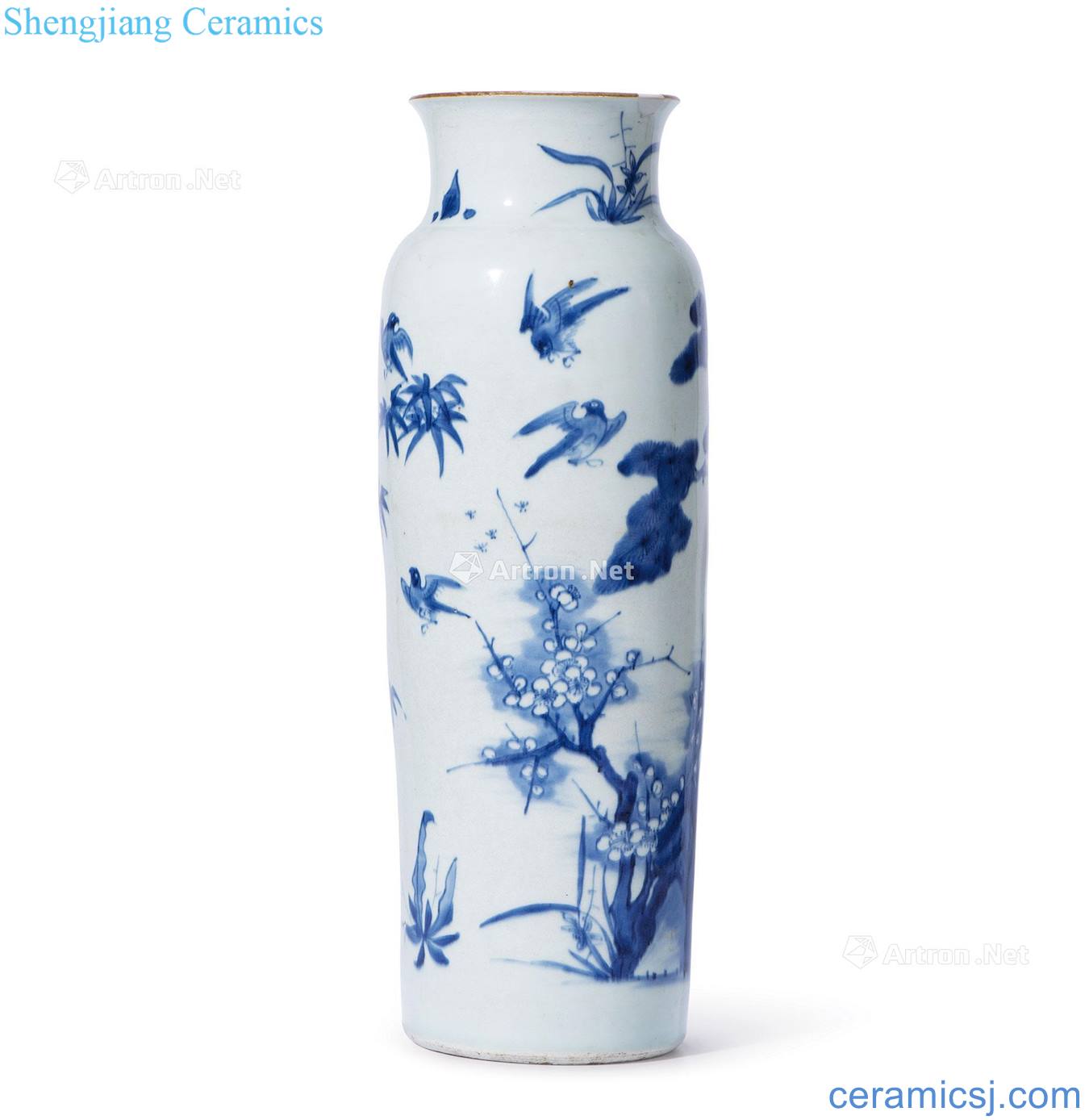 Qing shunzhi Blue and white shochiku flower grain tube bottles