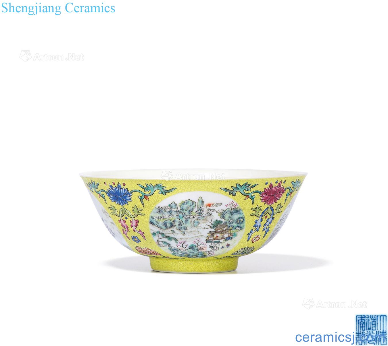 Clear light yellow powder enamel rolling way far the four seasons scenery green-splashed bowls