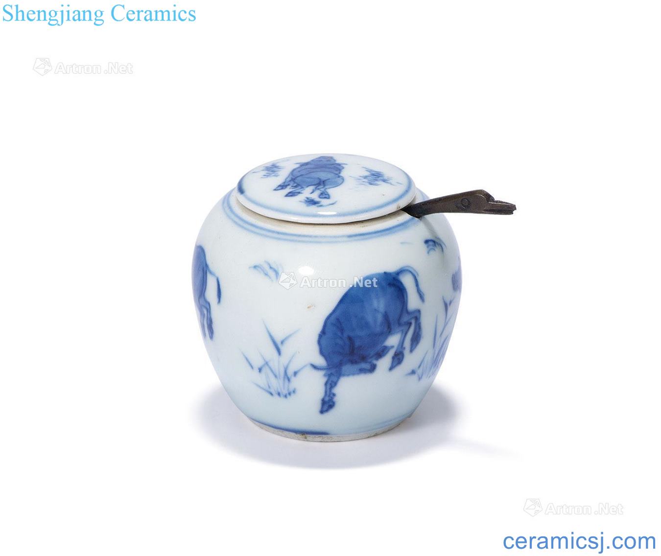 The late Ming dynasty Blue and white cattle figure tank cap