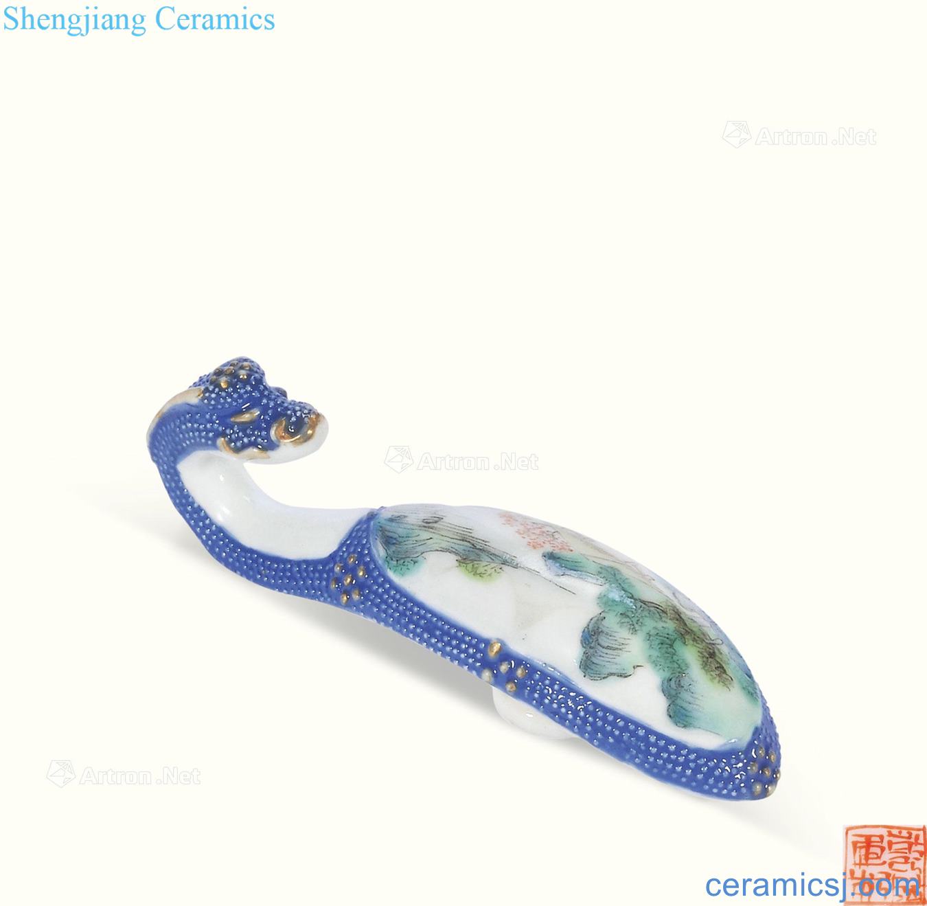 Qing qianlong Blue glaze pearl medallion pastel landscape pattern dragon hook
