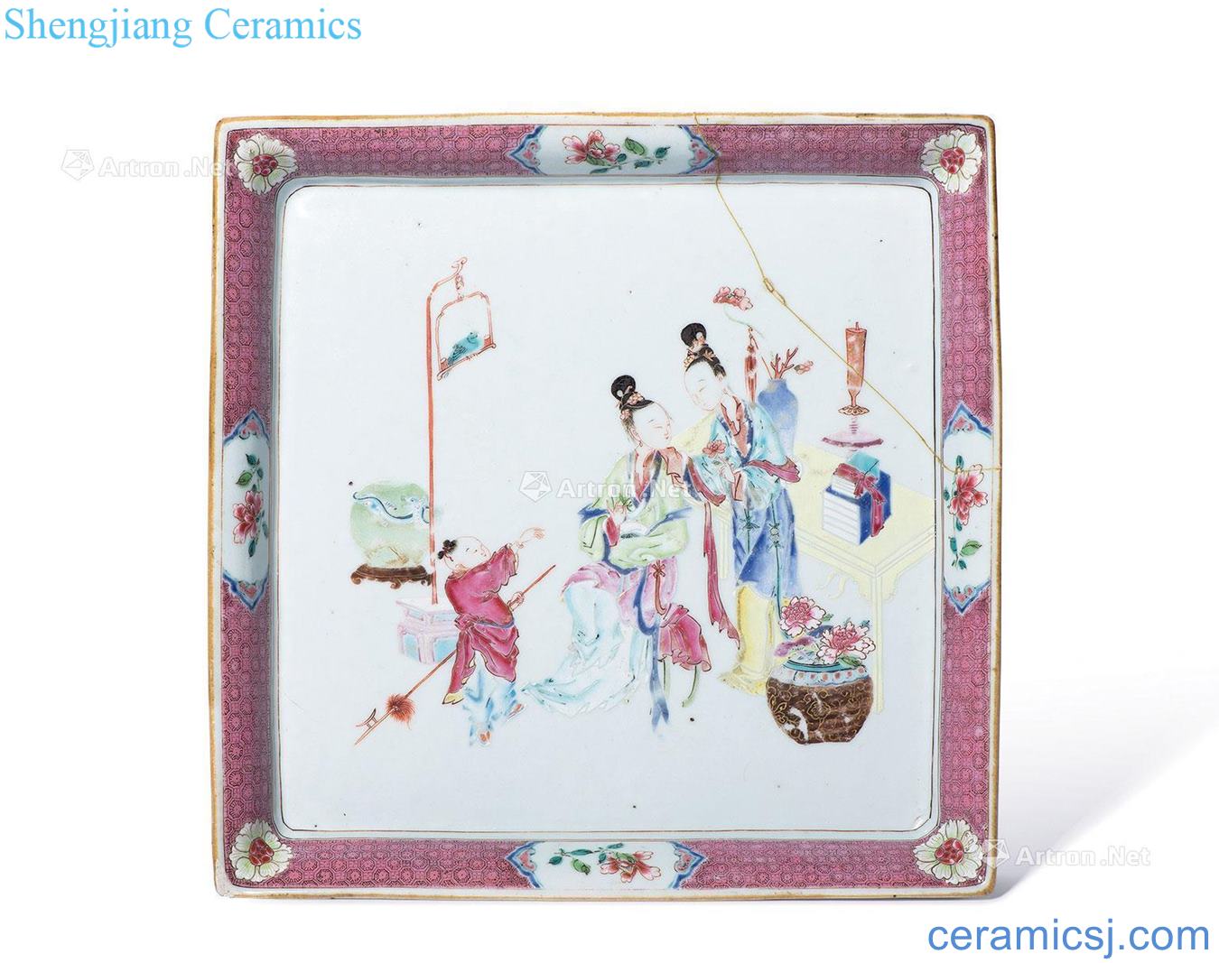 Qing yongzheng pastel ladies figure baby play square plate
