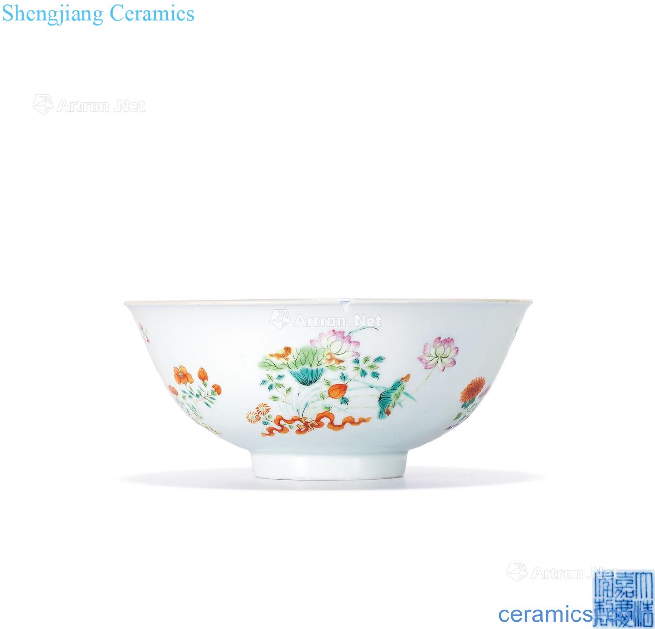 Qing jiaqing Blue and white enamel fold branch flowers green-splashed bowls