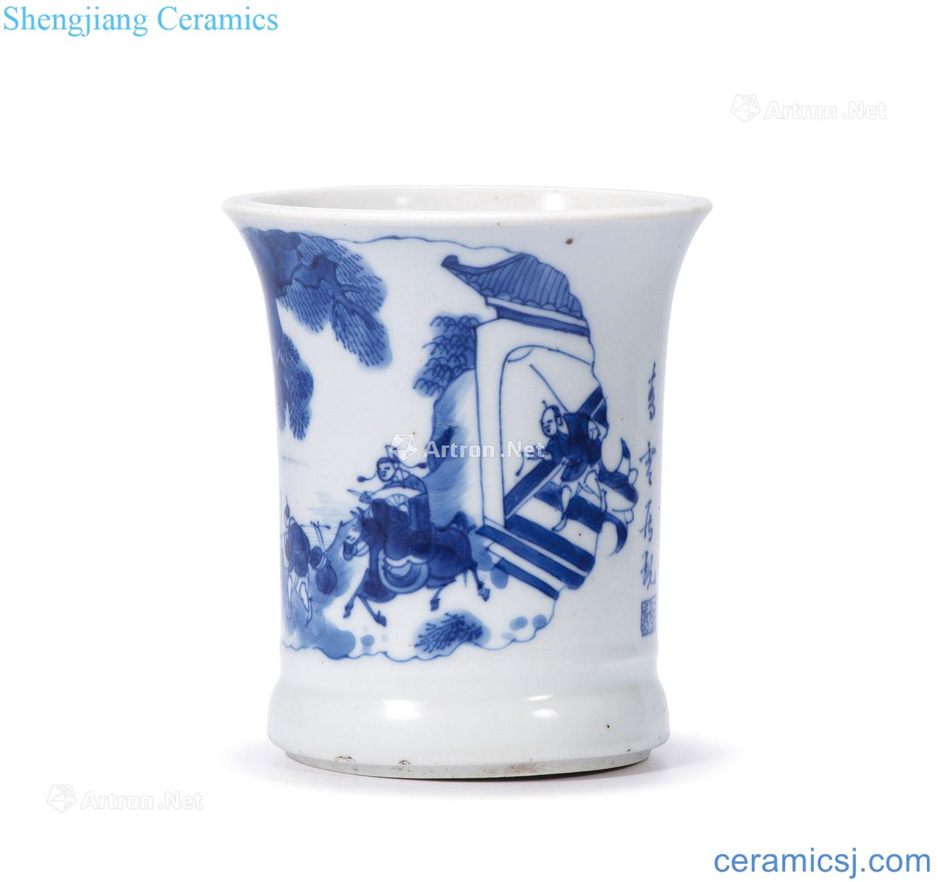 The qing emperor kangxi Blue and white landscape character figure pen container