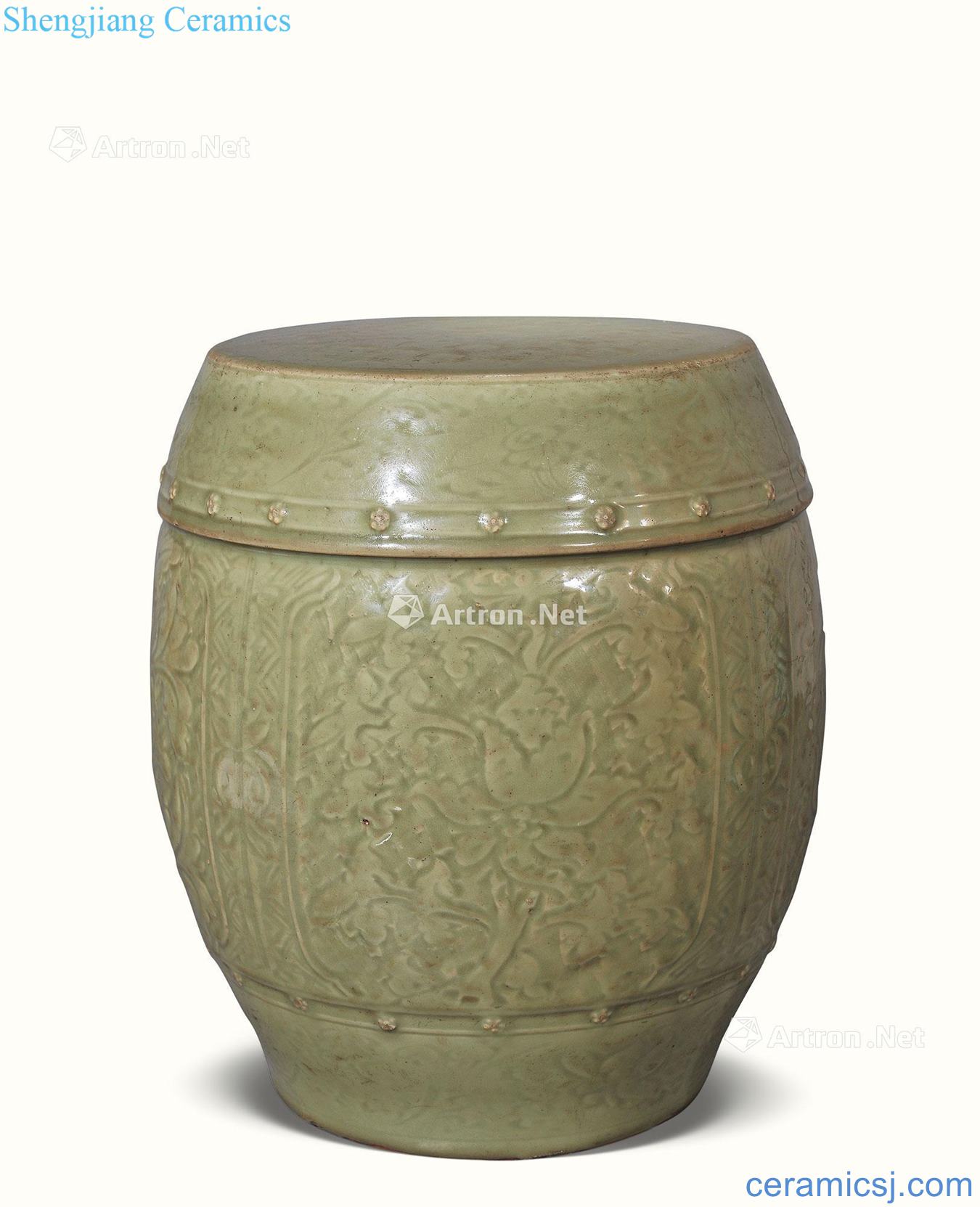 Ming dynasty Longquan celadon kam medallion flower grain drum pier