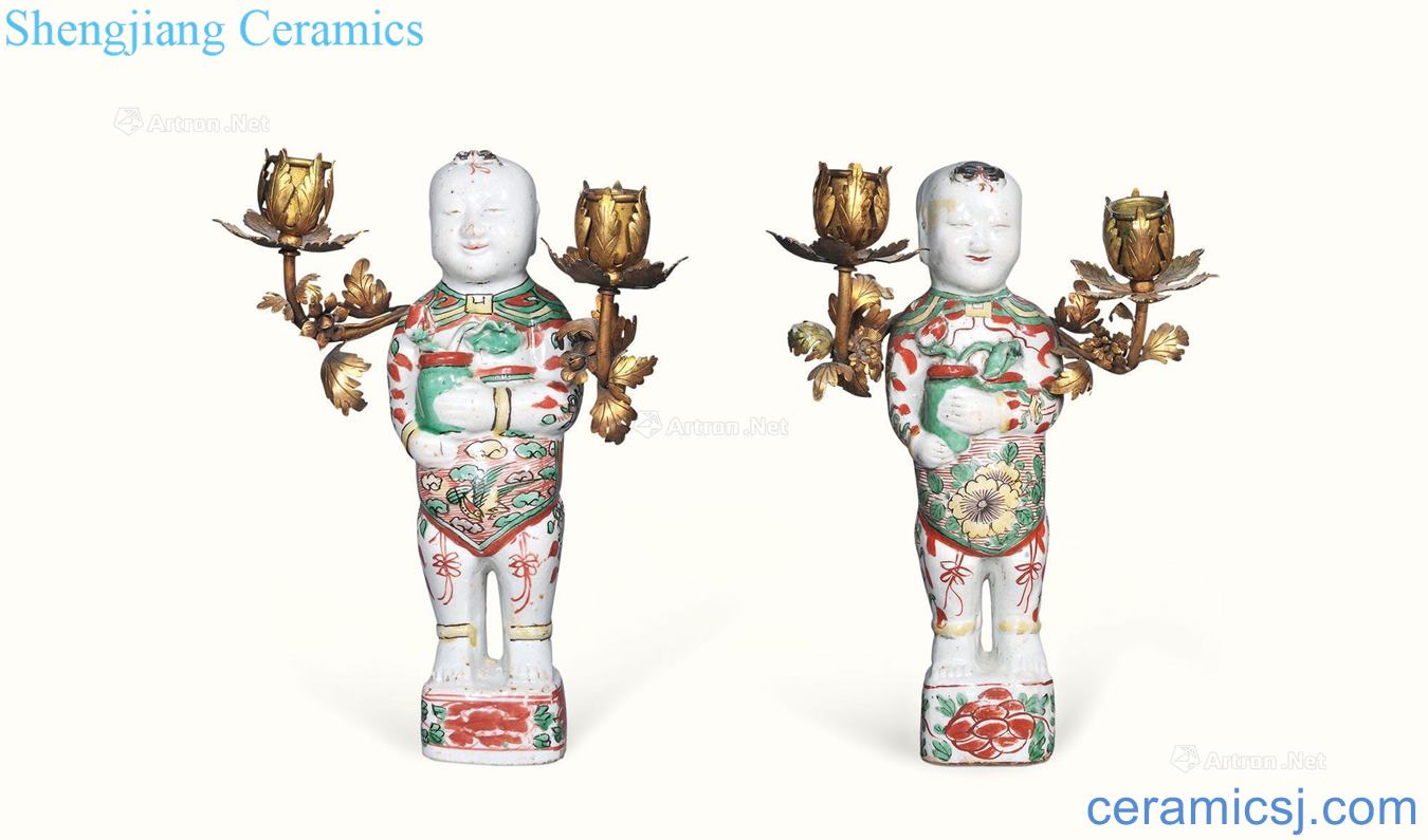 The qing emperor kangxi colorful lotus lad candlestick