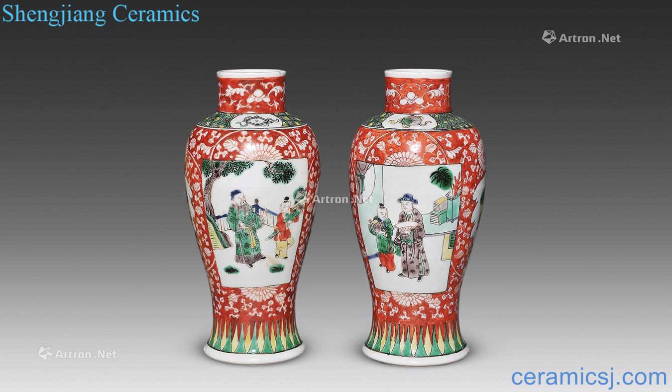 Qing guangxu Alum red white space around lotus flower medallion colorful characters grain bottle (a)