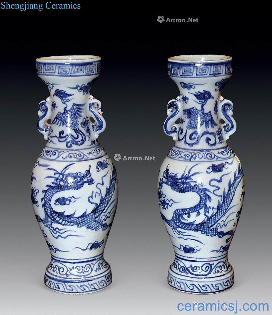 yuan Blue and white longfeng pattern therefore ear dish buccal bottle