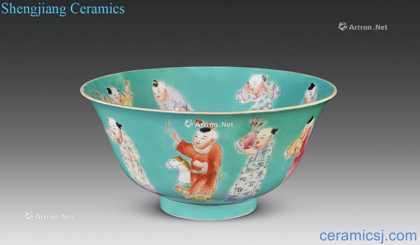 In late qing dynasty A hoard of green pastel figure baby play bowls