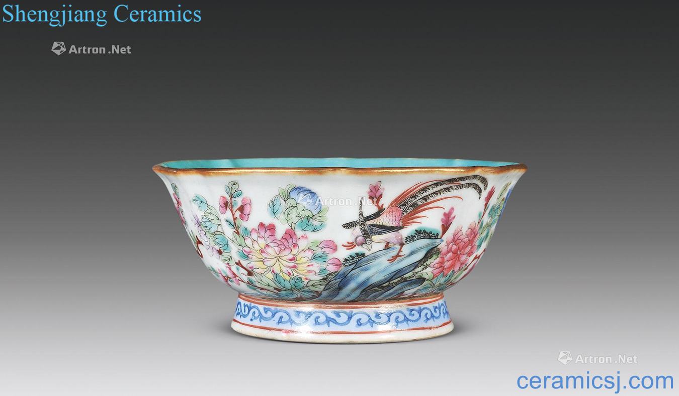 dajing Turquoise glazed inside outside pastel pheasants peony flower mouth bowl