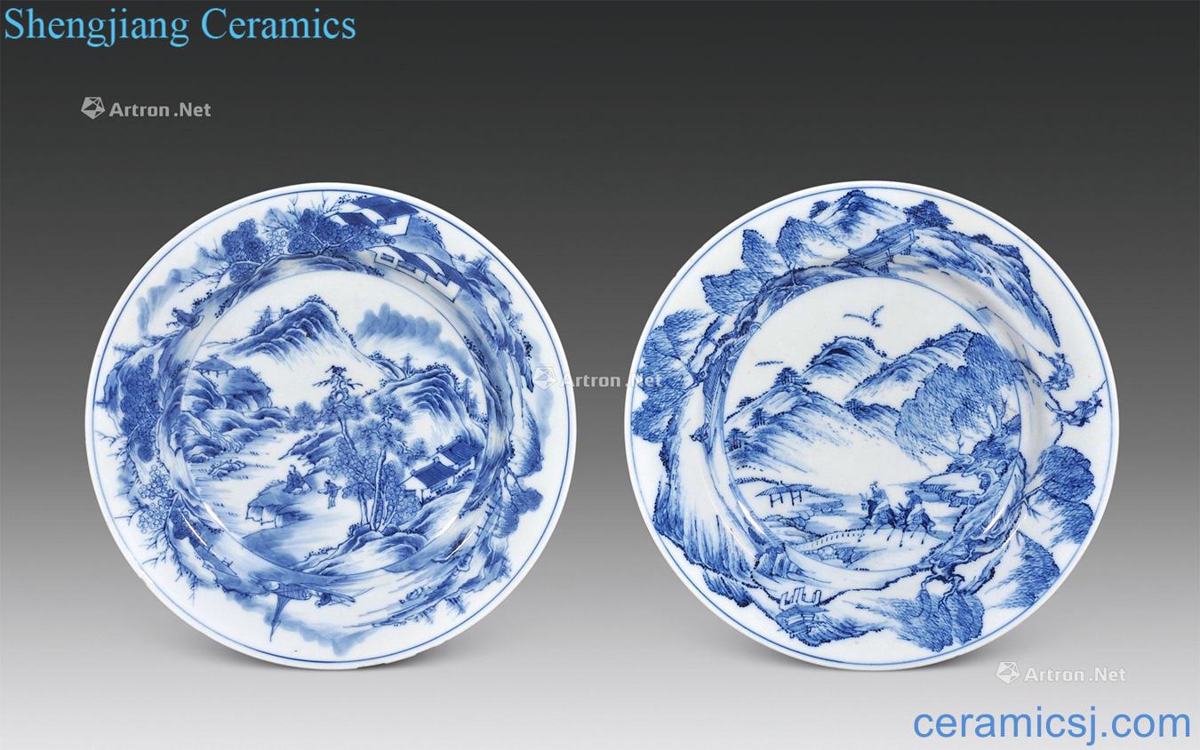 The qing emperor kangxi Blue and white landscape character tray (a)