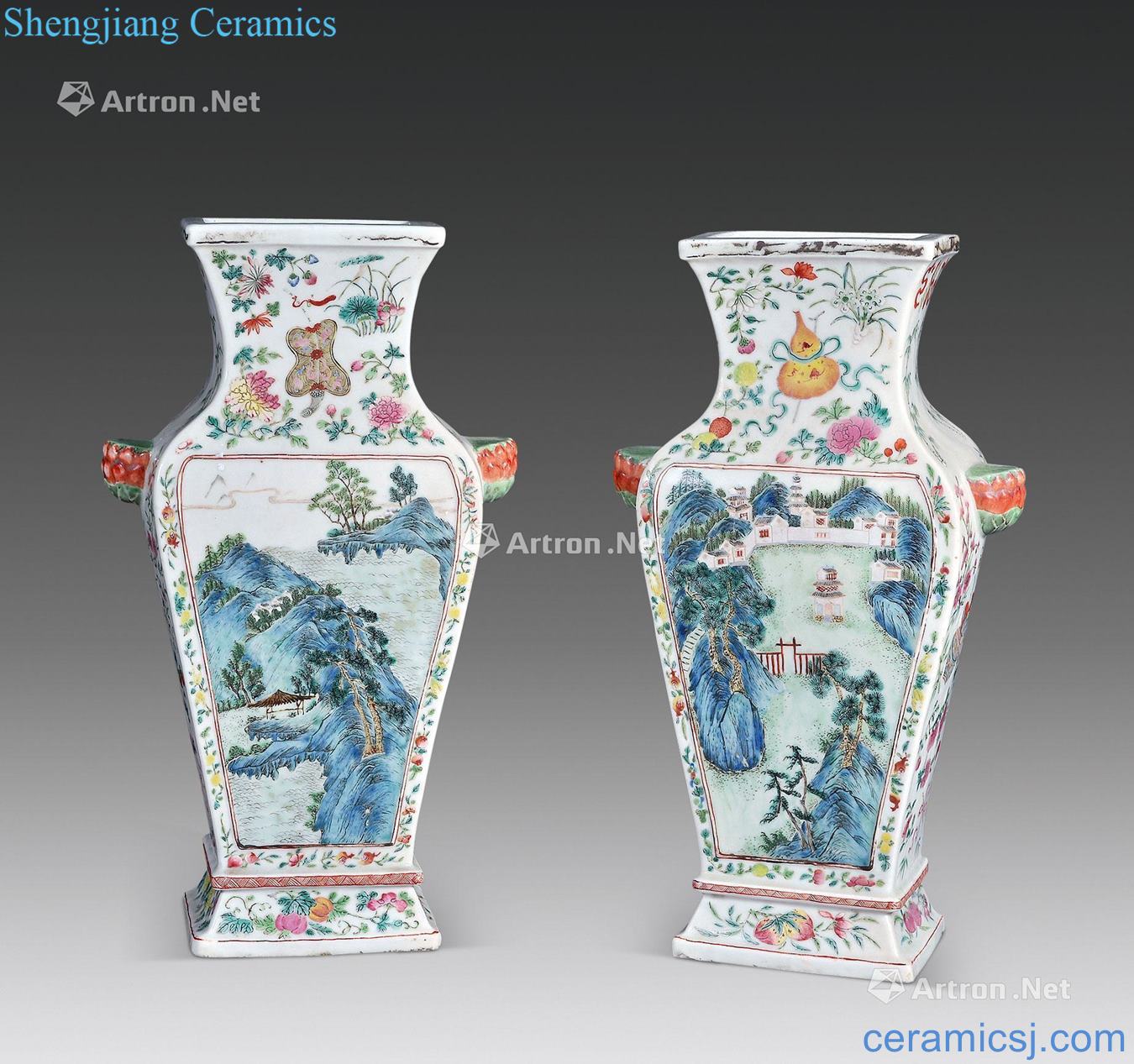 Mid qing Pastel dark the eight immortals medallion landscape pattern lotus flowers ear square bottle (a)
