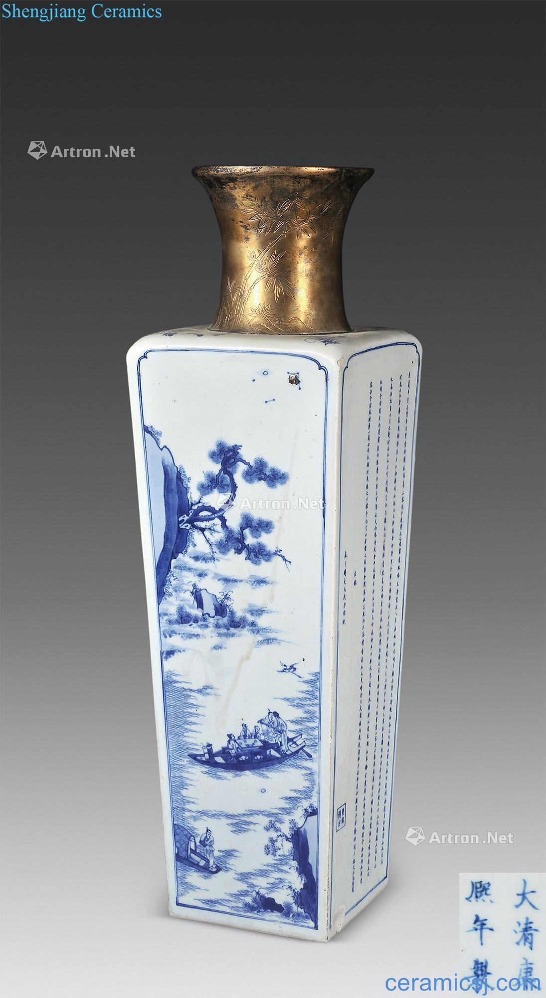 The qing emperor kangxi Blue and white literary landscape character poems bottle nature round place
