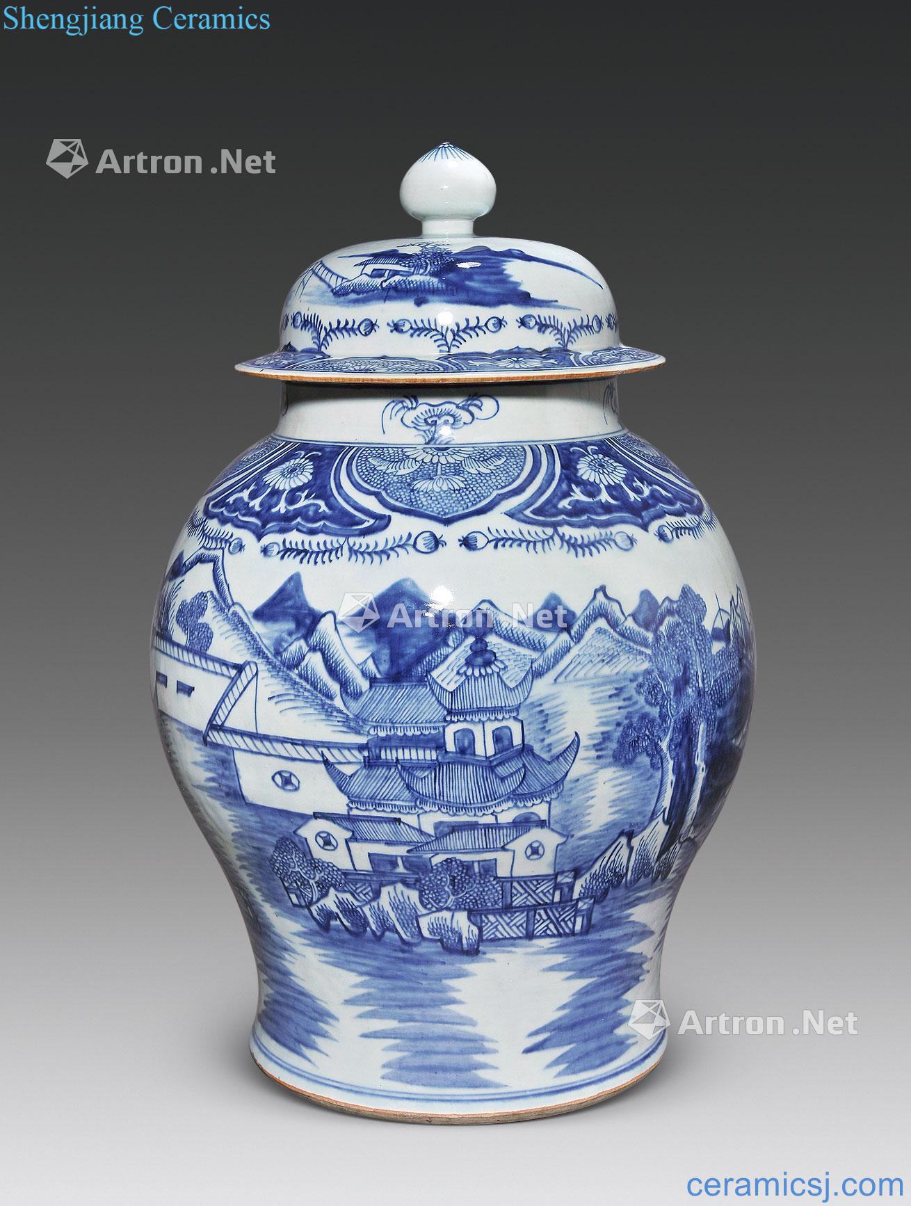 qing Blue and white landscape character lines general cans