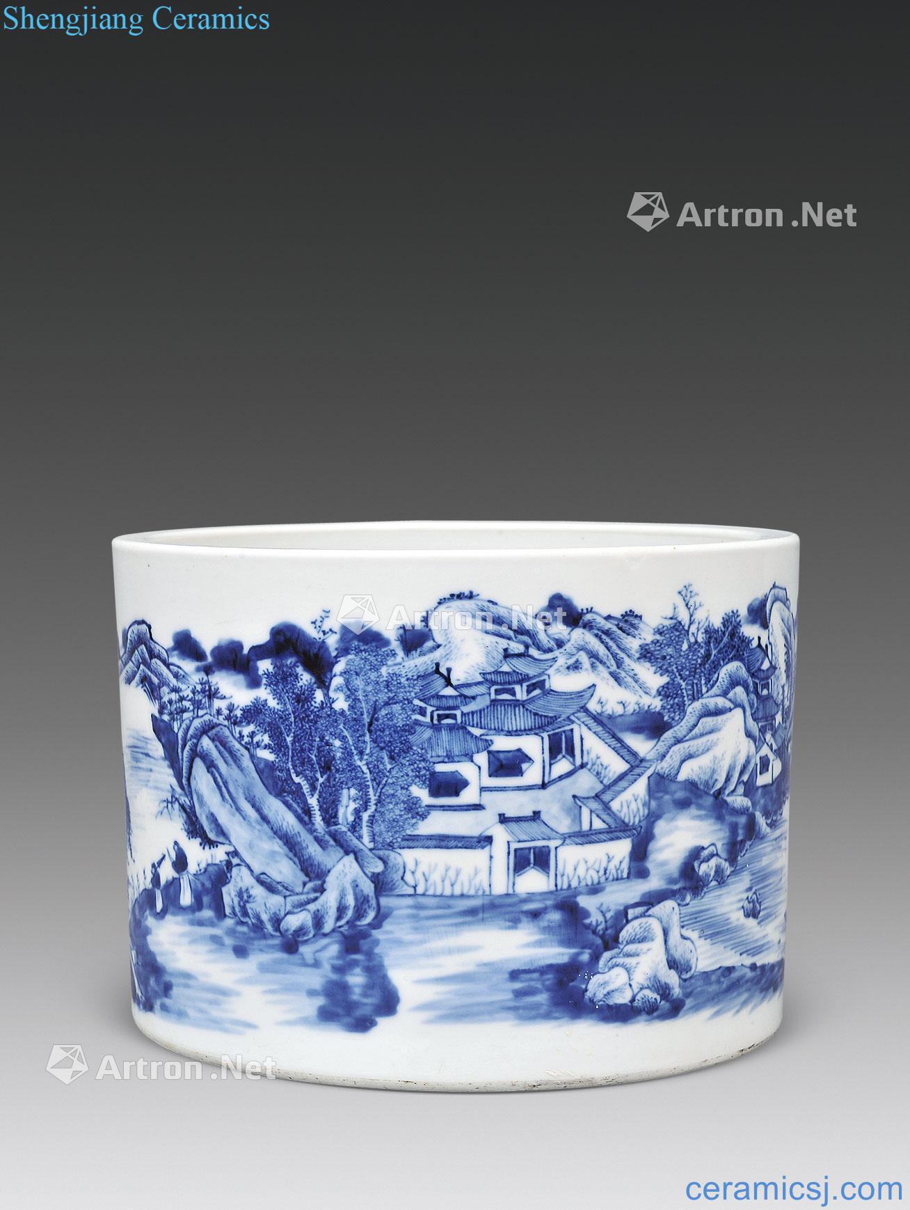 Qing qianlong Blue and white landscape character tattoo pen container
