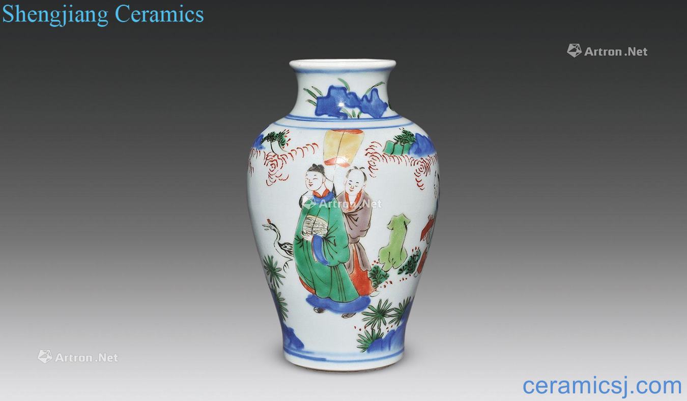 Qing shunzhi Blue and white grain big plum bottle colorful characters