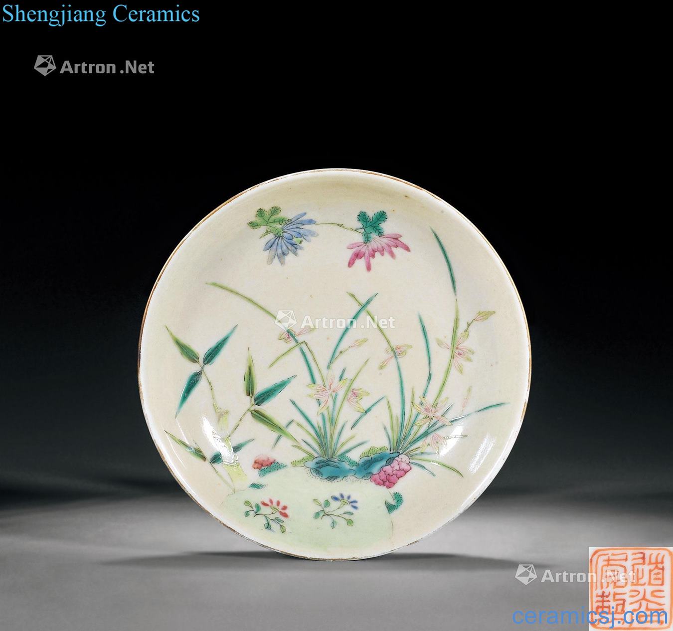 Qing daoguang Cream-colored glaze pastel flowers bamboo tray
